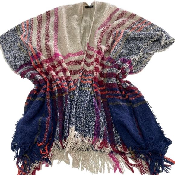 Do Everything In Love Sweater Women One Size Blue Tan Plaid Fringe Anthropologie - Picture 1 of 7